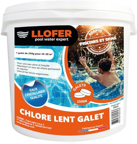 Galets de Chlore Lent 250g - Haute Teneur en Chlore (90%) -Seau de 5kg - chloration permanente hautement Efficace Contre Les bactéries, fabriquer en France