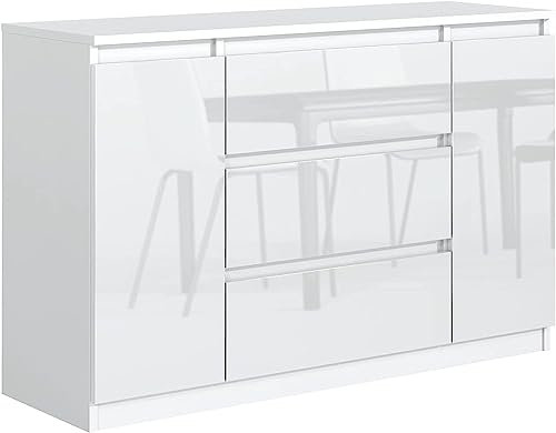 meble masztalerz Kommode 120 cm Weiss mit Hochglanz-Fronten mit 3 Schubladen und 2 Türen - 120,4 x 78,2 x 39 cm - Sideboard Wohnzimmer, Schlafzimmer - Schubladenschrank - Komodenschrank
