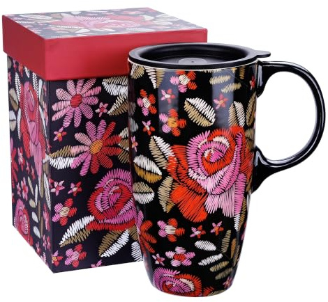 DUSVALLY 500ml Ceramic Travel Mug with Lid, Embroidered Floral Coffee Mug | Large Tea Cup with Handle, Microwave & Dishwasher Safe, Gift Box Included