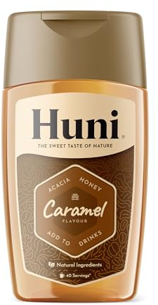 Huni Natural Coffee Syrup | Caramel 200ml | Acacia Honey Natural Coffee Syrup | 40 Servings | For Coffees, Hot Chocolate, Protein Shakes, Smoothies, Milkshakes, Yogurt, Breakfast Bowls & More