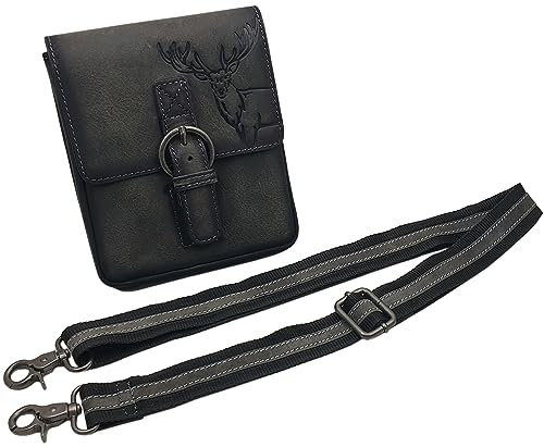 myledershop Echt Büffel-Vollleder Handtasche mit Tragegurt in Hoch- oder Querformat mit Hirsch-Motiv (Modell 1 / Hochformat/Vintage-Grau)