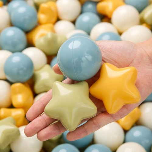 TRENDPLAY Star Ball Pit Balls 100 for Toddlers - Ball Pit Ball Shapes Plastic Balls for Boys Girls Ball Pit Fun, Birthday Party, Christmas Decoration,Cream Colors Mix Yellow Blue Green