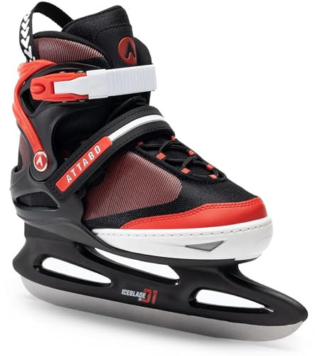ATTABO Verstellbare Schlittschuhe für Kinder und Jugendliche 31-36 EU (5-stufige Größenverstellung) | Bequeme, warme Freizeitschlittschuhe zum Eishockeyspielen | Edelstahlkufen, Schwarz/Rot