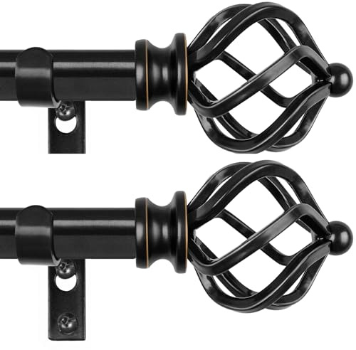 KAMANINA 2 Pack Curtain Rods 32 to 58 Inches (2.6-4.8ft), 3/4 Inch Black Curtain Rods for Windows Splicing Adjustable Single Drapery Rod with Twisted Cage Finial, for Indoor and Outdoor