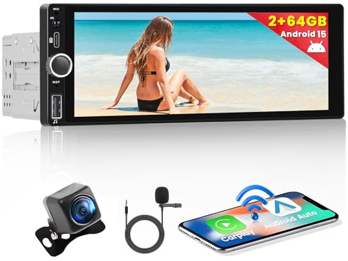 Hikity 2GB+64GB 1 Din Android 15 Autoradio mit Navi Wireless Carplay Android Auto, 6,9 Zoll Bildschirm Radio Bluetooth Mirror Link WiFi FM/RDS/EQ/USB Lenkradsteuerung Rückfahrkamera
