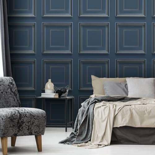 SOPHIE LAURENCE Navy Panel Effect Wallpaper Metallic Realistic 3D Wooden Panelling Effect Wallpaper - Paste The Paper for Living Room Bedroom Feature Wall