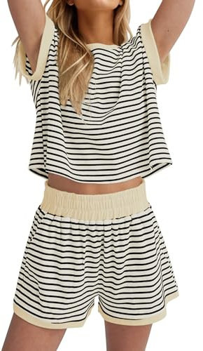 MISSACTIVER 2-teiliges Lounge-Set für Damen, gestreift, gestrickt, kurzärmelig, T-Shirts, Shorts, lässig, Sommer, Loungewear, Shorts-Sets, Beige, L