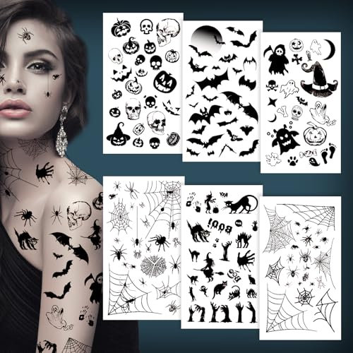 Tatouage d'Halloween - Grande taille - Tatouage d'Halloween 3D réaliste - Motifs araignées, chauve-souris, toile d'araignée, tatouages temporaires - Étanche - Tatouages temporaires - Pour costume