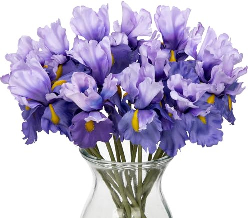 Oairse 15 fiori artificiali Iris Viola Fiori finti 36 cm Realistici al tocco Fiori di seta finti Iris per bouquet da sposa, decorazioni per matrimoni, fiori per la casa, composizioni floreali per