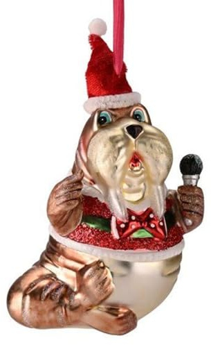 Hänger Walross mit Weihnachtsmütze und Mikrofon, braun/rot, 7,5x13,7x7cm