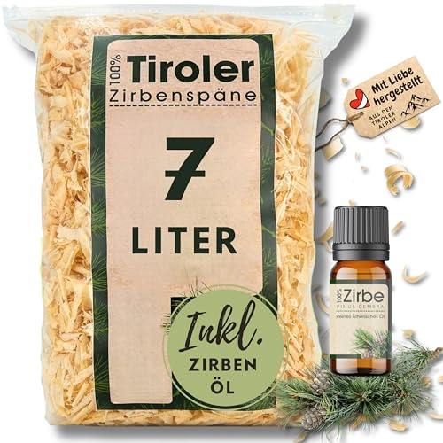 sagl.tirol Zirbenspäne Nachfüllpack, 7 Liter, Unbehandelte Zirbenholzspäne, Doppelt Gesiebt, mit 10ml Zirbelkiefer Öl