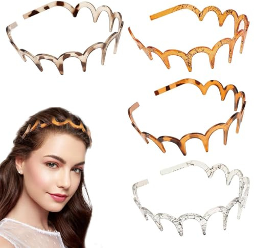 Zick-Zack-Stirnband, Haifischzahn-Haarkamm, Harte Stirnbänder, Kunststoff Zickzack Haarreifen (Schildpattbraun, Schildpattgrau, Schlangenmuster Grau,Schlangenmuster Kaffee, 4pcs)
