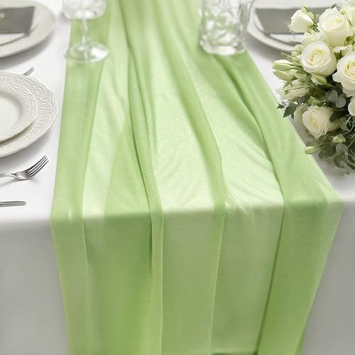 HiBeauty PRO Chiffon Tischläufer Salbeigrün 70x300cm 1 Stück, Tischdeko | Dekoratives Tischband Hochzeit für Hochzeitsdeko, Tischdeko Geburtstag, Babyparty, Küche Tisch Dekoration Drinnen Urlaub