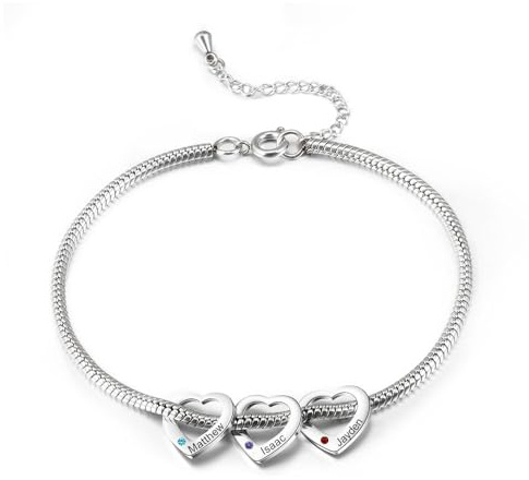 Gaosh Personalisierte Damen Fußkettchen mit Eingraviertem Namen und Geburtsstein Herz Anhänger Fußkettchen für Mama, Oma und Freundin Personalisierte Geschenke für Frauen (Silber-3 name)