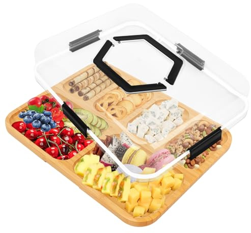 BigKing Servierplatte mit Deckel aus Bambus,6 Fächern,Tragbare Snackplatte | 2 in 1 Charcuterie Board & Holzbrett Küche, Rechteckig, 28 cm x 35 cm, Deckel Transparent und Sichtbar