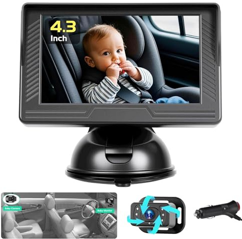 Moniteur de Bébé pour Voiture - Écran IPS 4.3 avec Caméra Infrarouge, Vision Nocturne, Fixation Sécurisée pour Arrière de Voiture, Surveillance en Temps Réel des Enfants Plug and Play