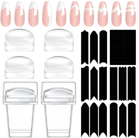 LOPHE Sello de Manicura Francesa, Sellos de Silicona con Cabezal de Sello de Gelatina Reemplazable, Nail Stamper para Aplicar Diseños, Plantilla para Sellar Uñas con Pegatinas Auxiliares (Total 12pcs)