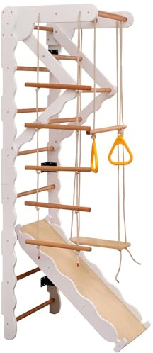 Marco de escalada multifuncional 6 en 1, espaldera, juego de gimnasio, con tobogán, columpio, escalera, estructura de escalada, zona de dominadas, anillas, madera contrachapada, madera maciza, haya