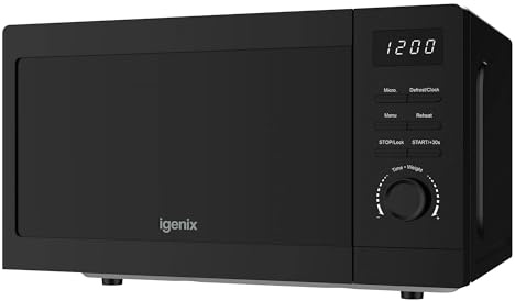 Igenix 20L 800W Black Digital Microwave – 8 Auto Cook Programmes, 5 Power Levels, Defrost Setting, 60-Min Timer, Push Button Door, 255mm Turntable – IGMS02080B