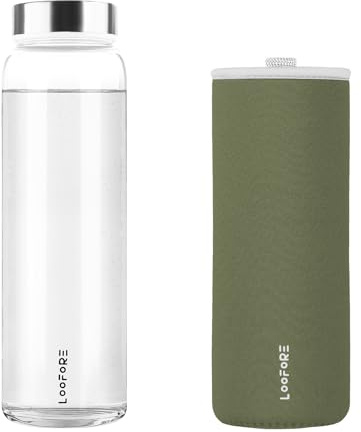 LOOFORE Glass Water Bottle 1L 1000ml, BPA-Free Leak Proof, 1 Litre Large Borosilicate Wide Mouth Glass Drinking Bottles with Protective Sleeves for Sports and Gym with Hot Cold Drinks (Olive Green)