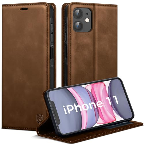 AIMOYU Handyhülle für iPhone 11 Hülle, Premium PU Leder Klapphülle Schutzhülle, Tasche Magnet Kartenfach Standfunktion Flip Case Hülle für iPhone 11, Braun