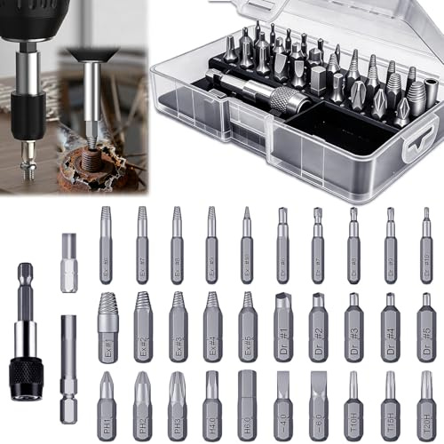 33PCS Damaged Screw Extractor Set,Stripped Screw Extractor Kit with Magnetic Extension Shaft & Socket Adapter, Stripped Screw Remover Kit – Extract Rusty, Broken Screws Easily for DIY Garden Wood