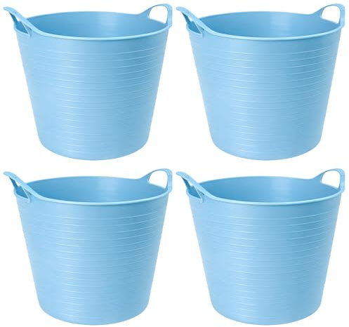 TUKA Pack de 4 Capazos de Plástico 30 L – Profesional, Color Azul Pastel | Barreño, Cubeta Resistente Multiusos para albañilería, jardinería, Agricultura y hogar