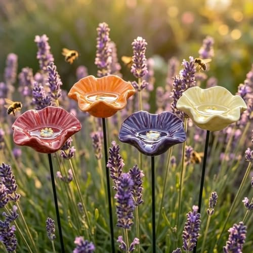 Mini Bien Wasserstation aus handgefertigtem Keramik – Bunte Blumenbadeoase für Garten, Balkon und Terrassen,Anlockung von Schmetterlingen & Bestäubern – Gartenstecker für den Außenbereich,Gartenbedarf