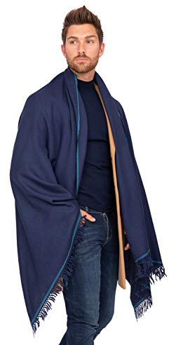 likemary Herrenschal aus Merinowolle - Handgewebt - Fair-Trade-Produktion - Reisedecke, Schultertuch & Wickelschal in einem – tolles, ethisches Geschenk - limitierte Edition blau atlantikblau