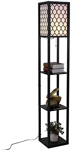 HOMCOM Floor Lamp with Shelves, Modern Tall Standing Lamps with Fabric Lampshade, Chain Switch and Single Light for Living Room, Bedroom, Bulb not Included, Black