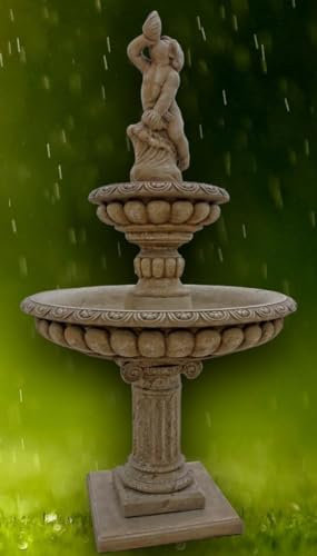 Casa Padrino Barock Gartenbrunnen Junge mit Muschel Dunkelgrau Ø 114 x H. 220 cm - 2 Stufiger Springbrunnen - Gartendeko Brunnen