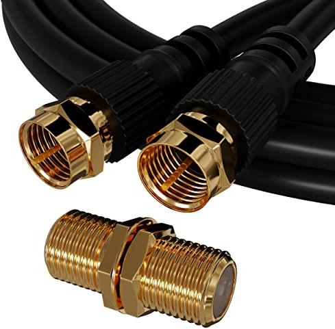 ConnectingU 15m Black Satellite Coaxial Cable Kit (Virgin Media & Sky Compatible) - Male to Male Cable with F-Type Connectors Bundled with an F-Type Female to Female Coupler.
