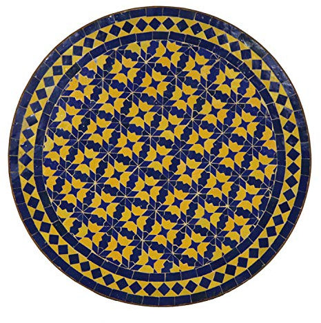 Casa Moro Marokkanischer Mosaiktisch Ø 60cm rund blau-gelb mit Gestell Höhe 73cm | Kunsthandwerk aus Marrakesch | Mediterraner Gartentisch Beistelltisch Bistrotisch Balkontisch | MO10009