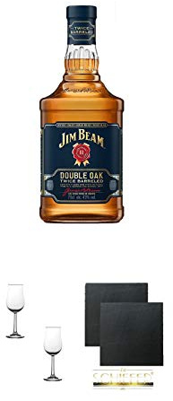 Jim Beam DOUBLE OAK Whiskey 0,7 Liter + Nosing Gläser Kelchglas Bugatti mit Eichstrich 2cl und 4cl - 2 Stück + Schiefer Glasuntersetzer eckig ca. 9,5 cm Ø 2 Stück