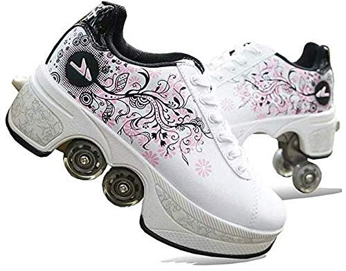 ScificWom Rollschuhe für Damen, Quad Rollschuhe für Kinder, Mädchenschuhe mit Rollen, Unisex-Schuhe mit Rollen, Rollschuhe für Erwachsene, Outdoor-Sport-Skateboards, White and Black Powder,39