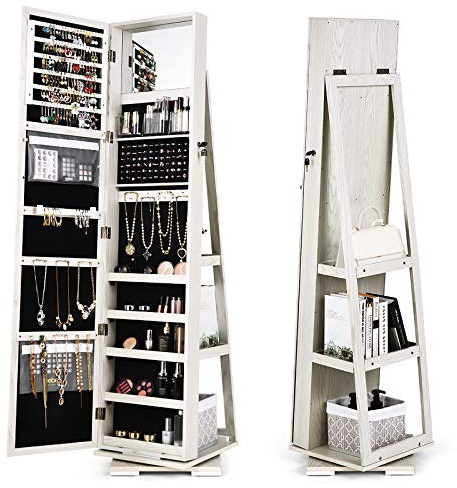 RELAX4LIFE Armoire a Bijoux Pivotante à 360º, Miroir sur Pied avec Rangement Bijoux Verrouillable, Anti-Rayures avec Doublure, 3 Étagères Arrières, pour Bague Bracelet Boucles (Blanc)