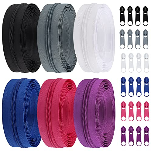 DOITEM Ändlös dragkedja, dragkedjeset, 5 mm, 12 meter, inklusive 24 metallöpare, för kläder, väska, pennfodral, sängkläder, 6 färger