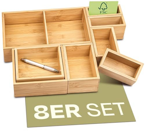Praknu Set de 8 Cajas Organizadoras para Cajones - Madera de Bambú Sostenible FSC®️ - Para cada cajón de la cocina, el baño o la oficina