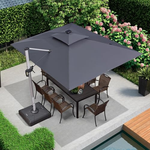 PURPLE LEAF Sombrilla de Jardín 2.7x3.65 m con LED, Poste de Aluminio con manivela giratoria 360°, basculante UV 50+, para exterior Piscina Jardín Terraza, gris