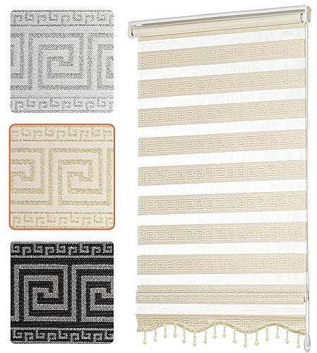 Doppelrollo mit Muster Mäander Deko Griechische Welle Ornament Motiv Klemm Duo Rollos für Fenster Innen ohne Bohren Gold Weiß 90x200 cm