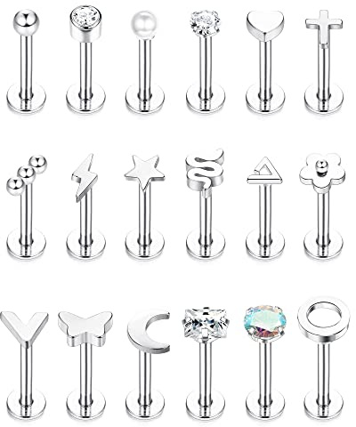 JeryWe 18Pcs 16G Lippenpiercing Stud Set Chirurgenstahl für Damen Herren Labret Piercing Stecker Ohrring Tragus Helix Conch Knorpel Piercing Ohr Labret Piercing Innengewinde 8mm Silber