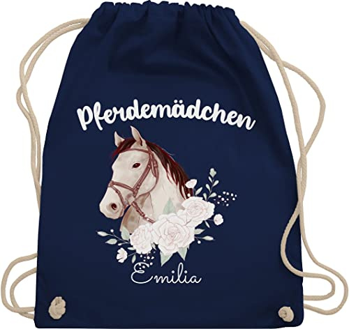 Turnbeutel Rucksack - Pferd Pferde - Pferdemädchen mit Name personalisiert I Geschenk Pferdeliebhaber - Unisize - Navy Blau - mädchen pferderucksäcke pferden reiten beutel pferdefreunde
