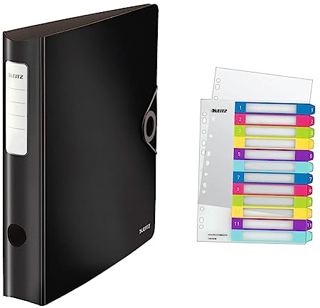 Leitz Qualitäts-Ordner 180° Active Solid, A4, Schmal, Abgerundeter Rücken & Register für A4, PC-beschriftbares Deckblatt und 12 Trennblätter