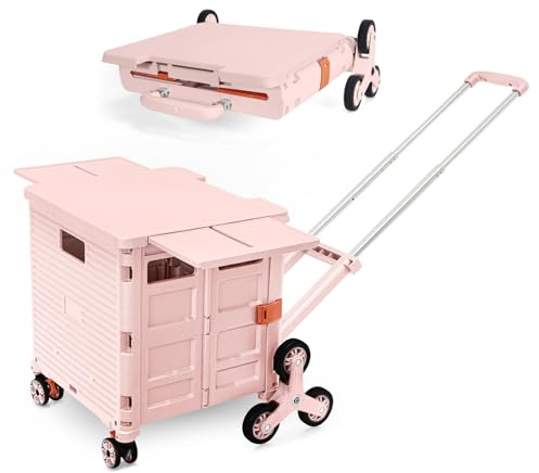 Foldable Utility Cart Portable Crate Rolling Dolly with Telescopic Handle,Can be Pulled diagonally, Magnetic Retractable Lid, 360°Swivel Climbing Wheels for Shopping Carrying Groceries Move Pink