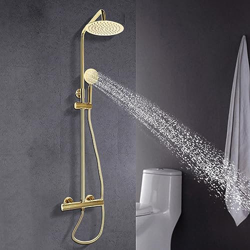 biniliubi Thermostat Douche Doré Ensemble Mural Robinet Colonne Anti-Calcaire Thermostat Thermostatique Maison Mitigeur Poli Standard Chromé Compris Colonne Douche Anti-Calcaire Thermostat