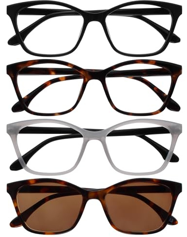 OPULIZE KAT Lese- & Sonnenleser - 4er-Pack - Cat-Eye Katzenaugen-Fassung - Schwarz, Braun, Grau, Braun - Herren & Damen - Federscharniere - RRRS59-1272 - +1.00