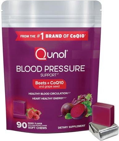 Qunol Beets Chews for Blood Pressure Support, 3 in 1 Beets + CoQ10 + Grape Seed Extract, Supports Healthy Blood Circulation & Heart Healthy Energy, 90 Chews