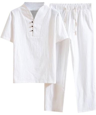 Caxndycing Traje de lino de dos piezas para hombre, de algodón, para verano, deporte, ocio, manga corta, camisas, pantalones de lino