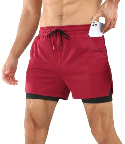 Comilaka löparshorts för män, 2 i 1 shorts som andas, gym, träning, atletisk träning, sportshorts med telefonficka, Röd, M