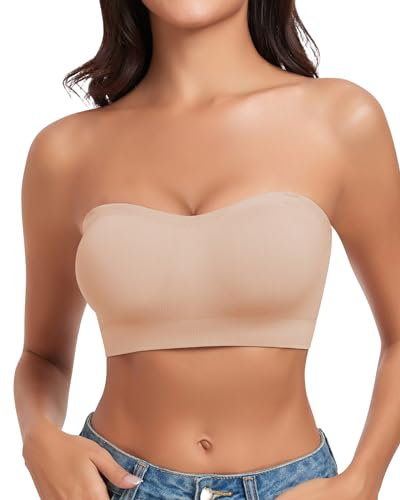 WOWENY Strapless Bandeau Bra Padded for Women Seamless Non Wired Bralette Boob Tube Non-Slip Silicone Bras with Transparent Straps(Beige, M)